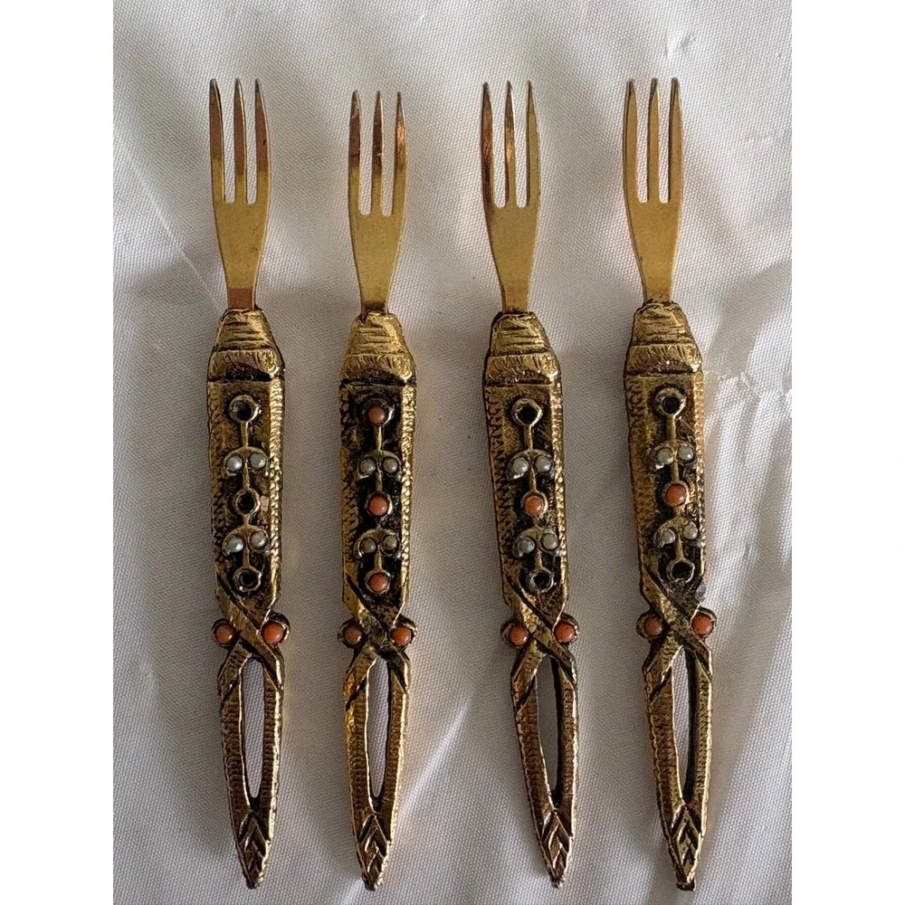 Vintage Set of 4 Ornate Gold Tone Cocktail Appetizer Forks Faux Pearl Coral Bead